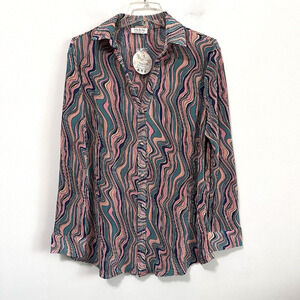 Jolie & Joy Top Blouse 1X‎ Plus Button Front Mod Crinkle Retro Long Sleeve NEW